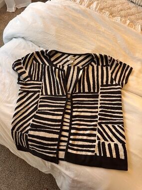 Chico's Black and Cream Striped Short Sleeve Open Cardigan
